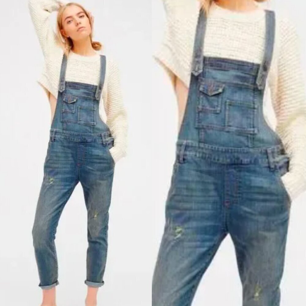 ☀️ FREE PEOPLE Brady Suspender Distressed Overalls Size 27 Boho Jeans Denim Cute
